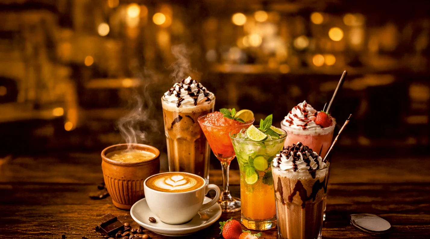 Chai, coffee, shakes and colourful drinks from the Chai Pakwan printed branding